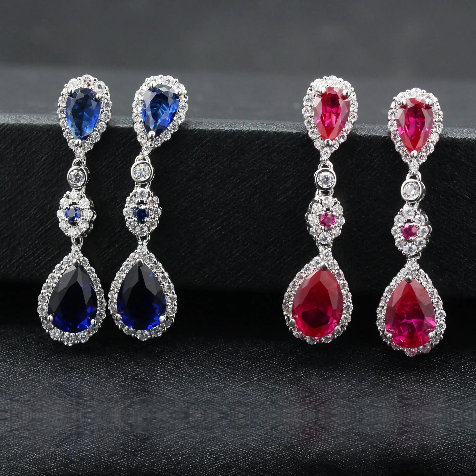 Custom Silver CZ & Glass & Corundum Chain Link Earrings Simple Bridal Jewelry Sets