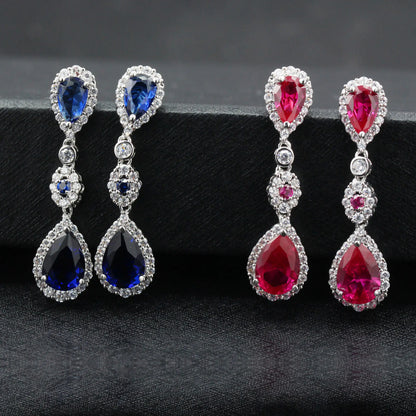 Custom Silver CZ & Glass & Corundum Chain Link Earrings Simple Bridal Jewelry Sets