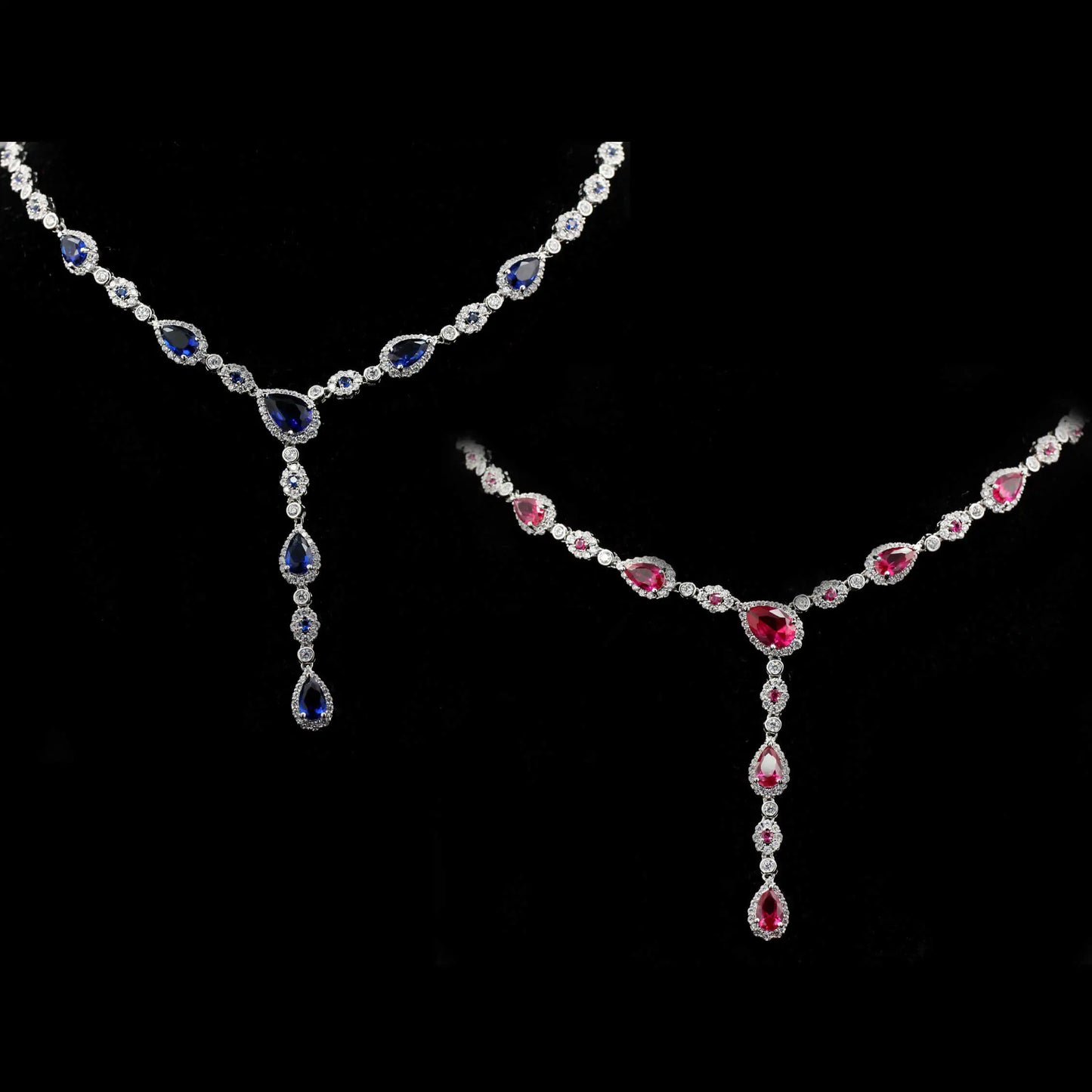 Custom Silver CZ & Glass & Corundum Chain Link Necklace Simple Bridal Jewelry Sets