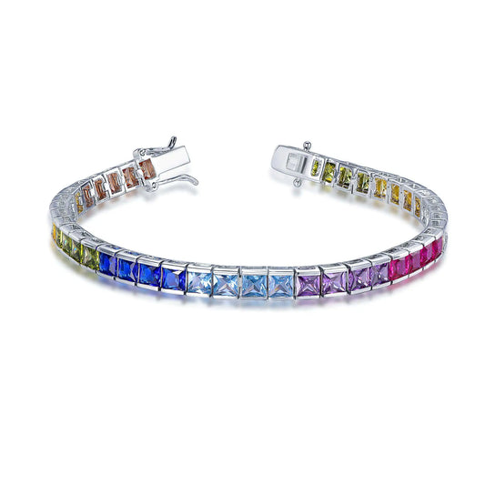 Custom Silver CZ & Glass & Corundum Rainbow Gemstone Tennis Bracelet