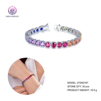 Custom Silver CZ & Glass & Corundum Rainbow Multicolor Tennis Bracelet for Women