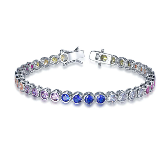 Custom Silver CZ & Glass & Corundum Round Multi Colored Gemstone Tennis Bracelet