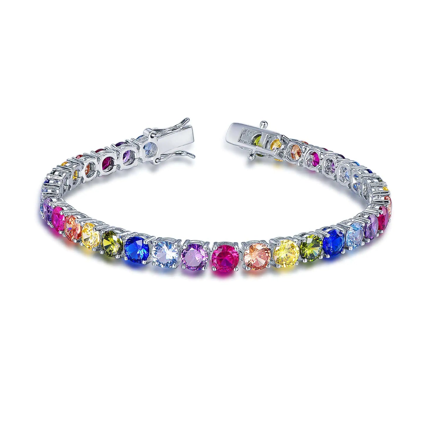 Custom Silver CZ & Glass & Corundum Round Rainbow Gemstone Tennis Bracelet​