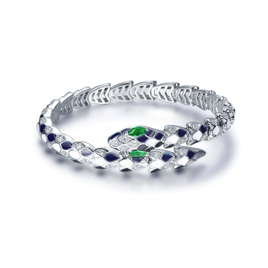 Custom Silver CZ & Glass & Enamel Black Spotted Snake Bangle Bracelet