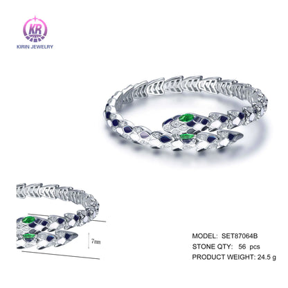 Custom Silver CZ & Glass & Enamel Black Spotted Snake Bangle Bracelet for Women