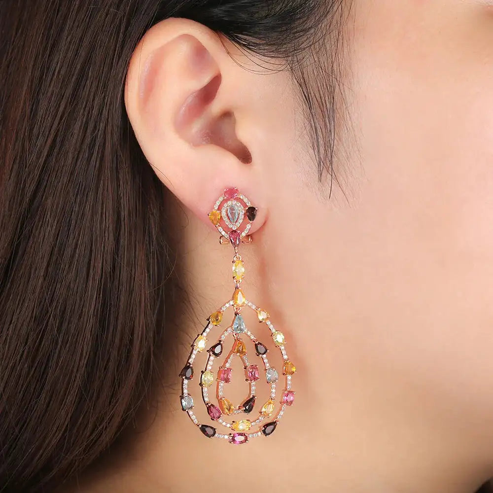 Custom Silver CZ & Glass Hoop Chain Multcolor Earrings Unique Bridal Jewelry Sets