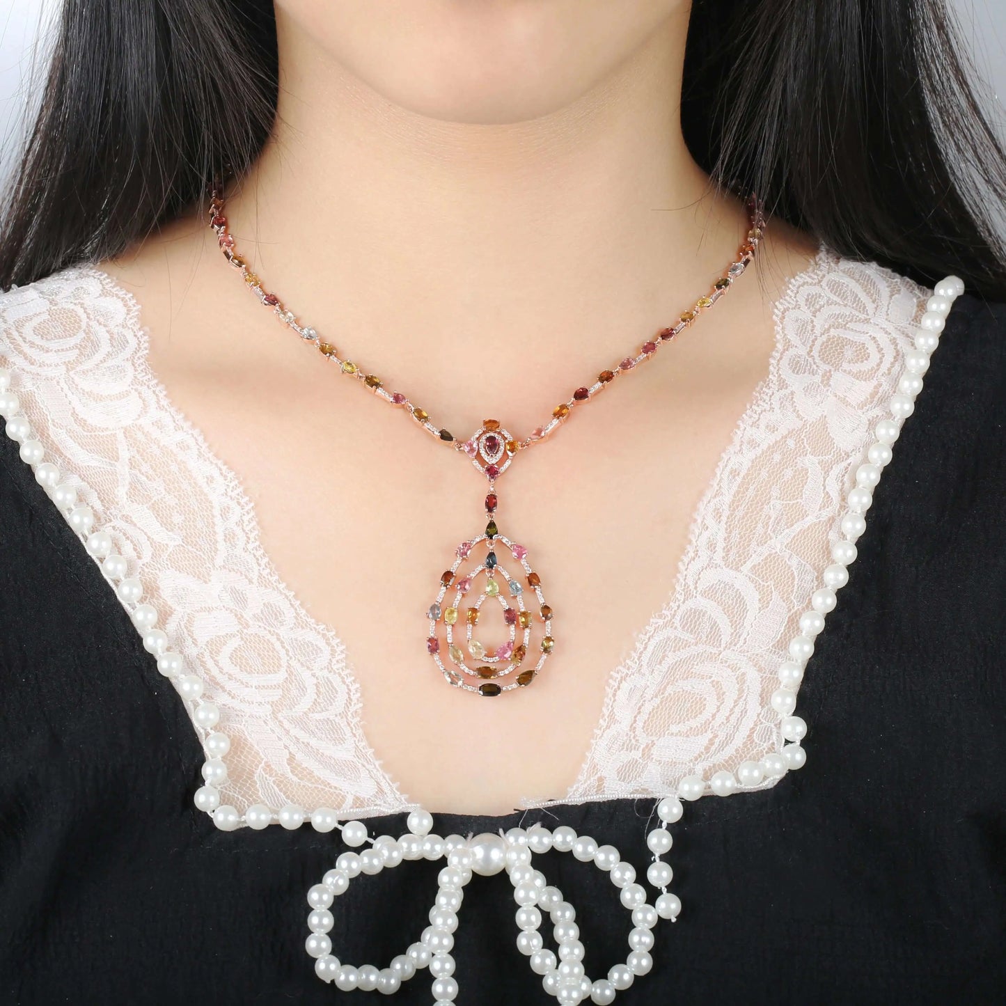 Custom Silver CZ & Glass Hoop Chain Multcolor Necklace Unique Bridal Jewelry Sets