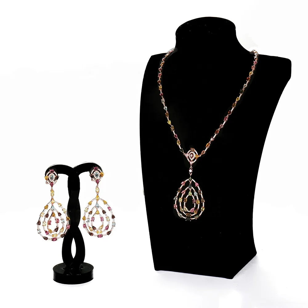 Custom Silver CZ & Glass Hoop Chain Multcolor Unique Bridal Jewelry Sets 