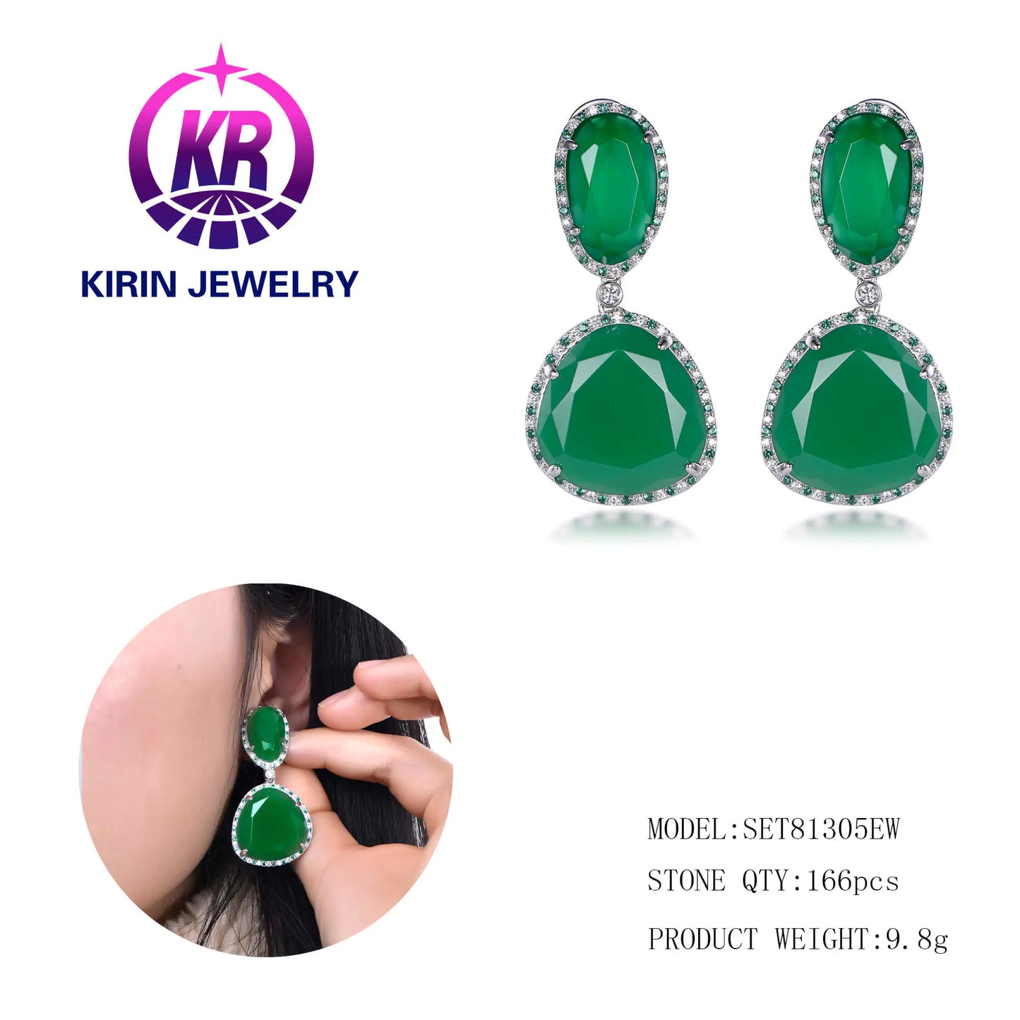 Custom Silver CZ & Glass Lab Created Emerald Earring Simple Bridal Jewelry Set​