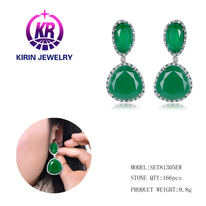 Custom Silver CZ & Glass Lab Created Emerald Earring Simple Bridal Jewelry Set​