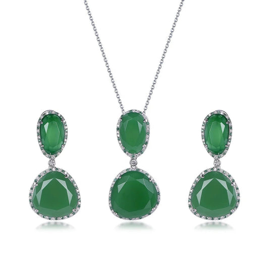 Custom Silver CZ & Glass Lab Created Emerald Simple Bridal Jewelry Set​