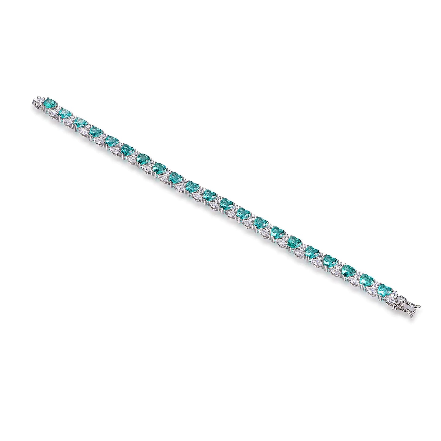 Custom Silver CZ & Glass Lab Created Sapphire Heart Shaped Tennis Bracelet​