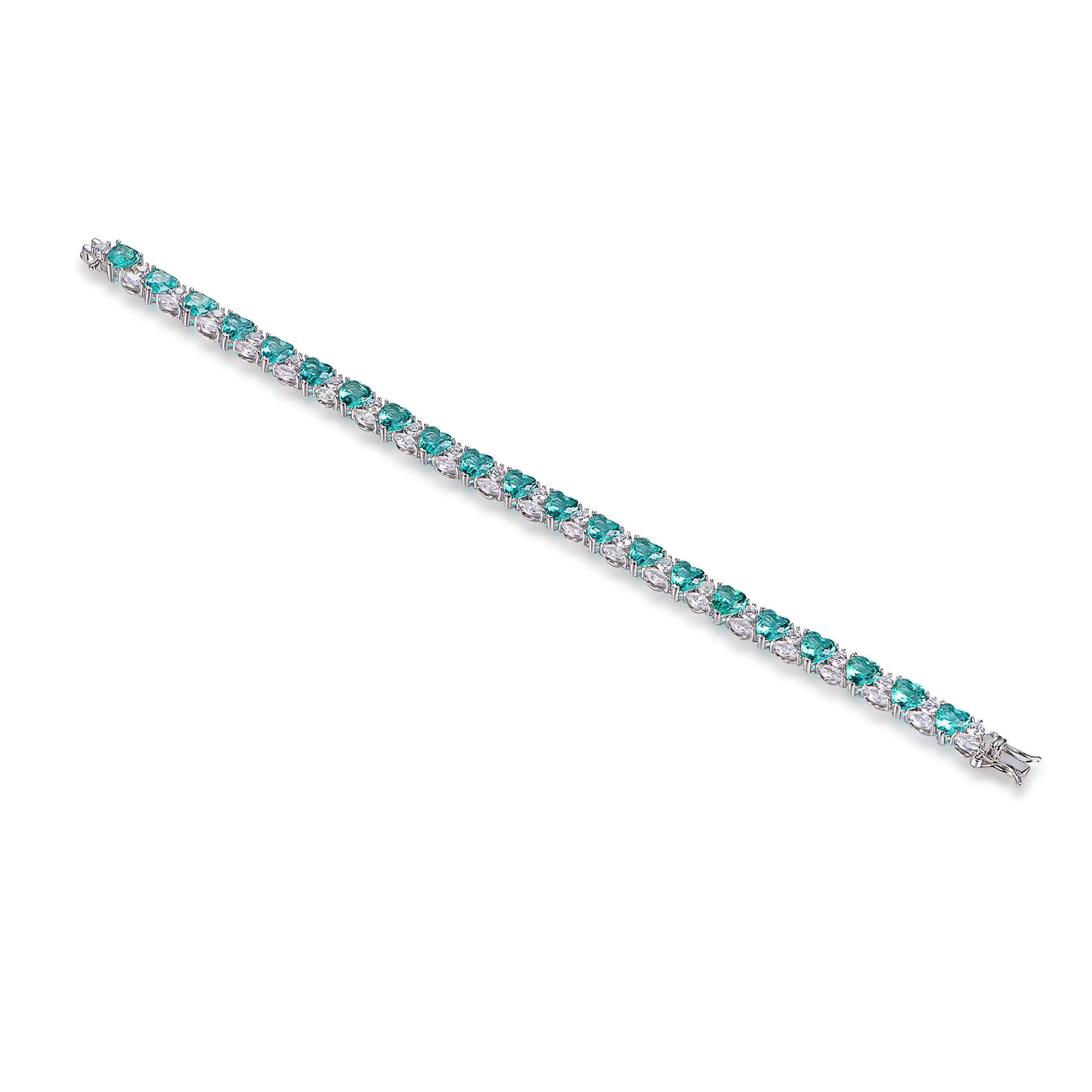 Custom Silver CZ & Glass Lab Created Sapphire Heart Shaped Tennis Bracelet​
