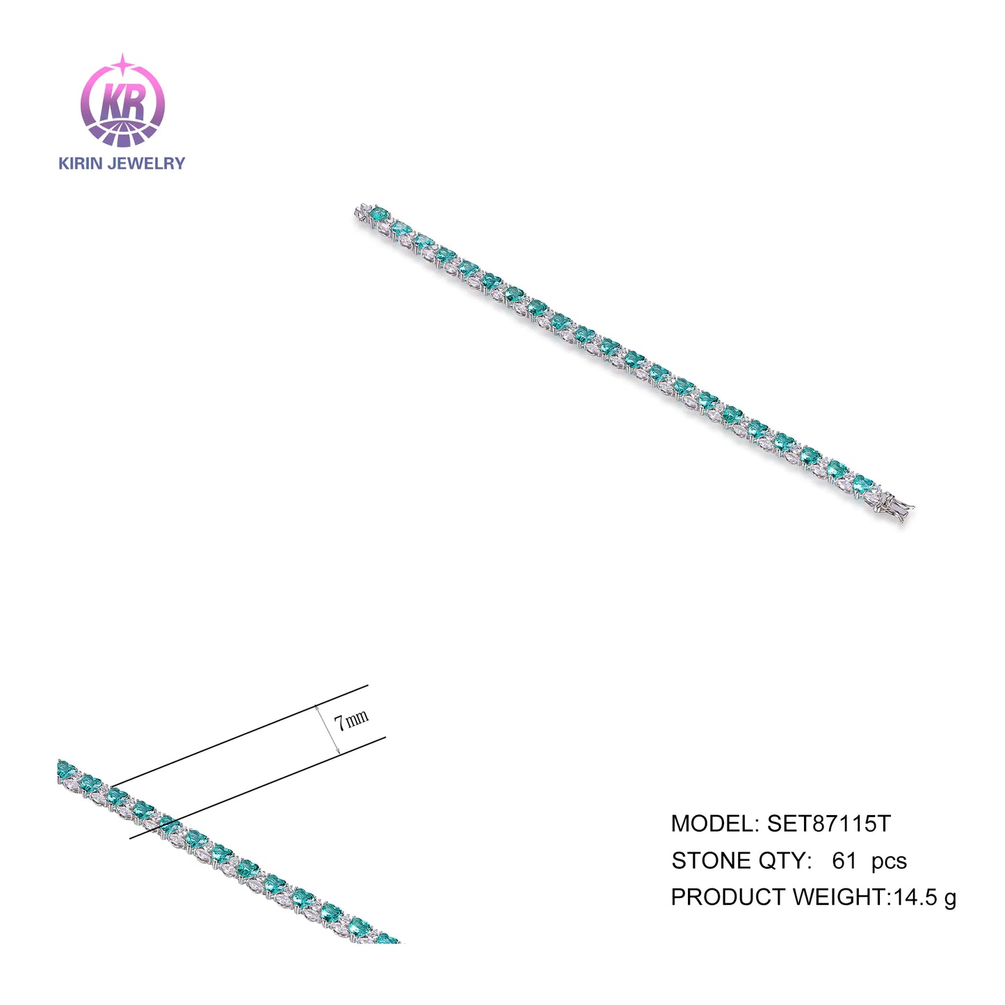 Custom Silver CZ & Glass Lab Created Sapphire Heart Shaped Tennis Bracelet​ for Women
