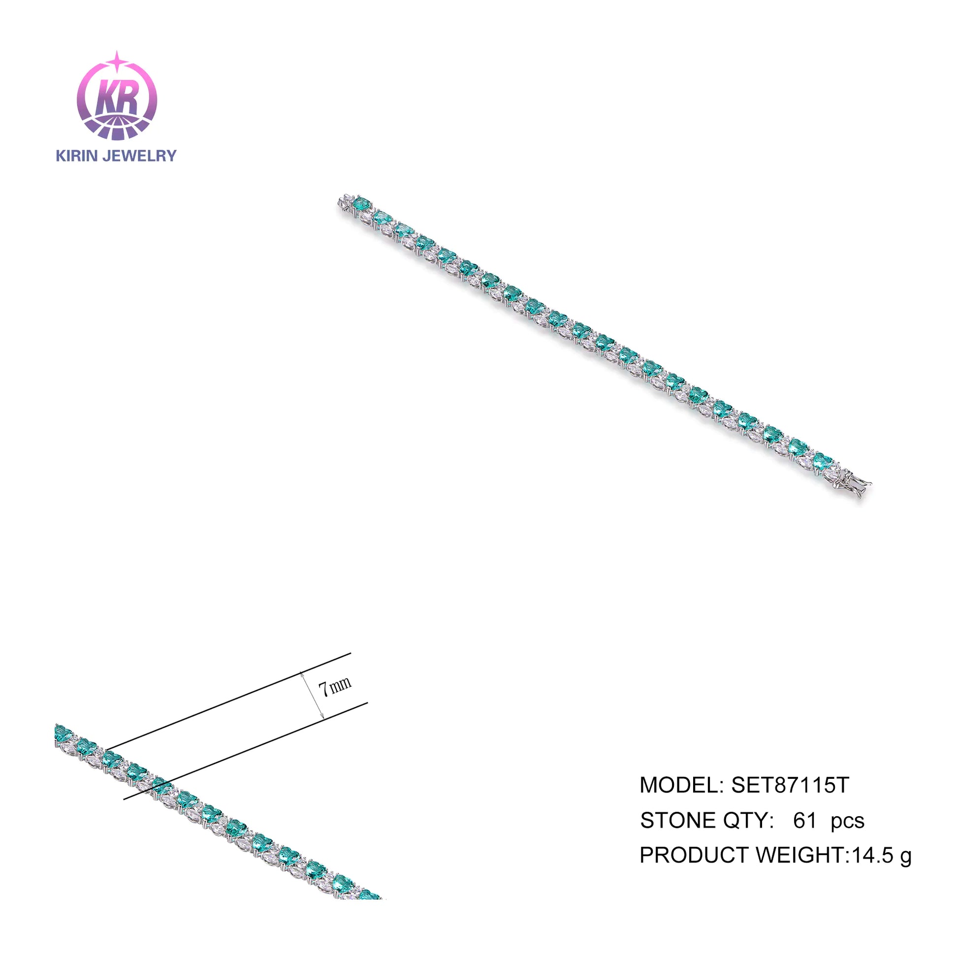 Custom Silver CZ & Glass Lab Created Sapphire Heart Shaped Tennis Bracelet​ for Women