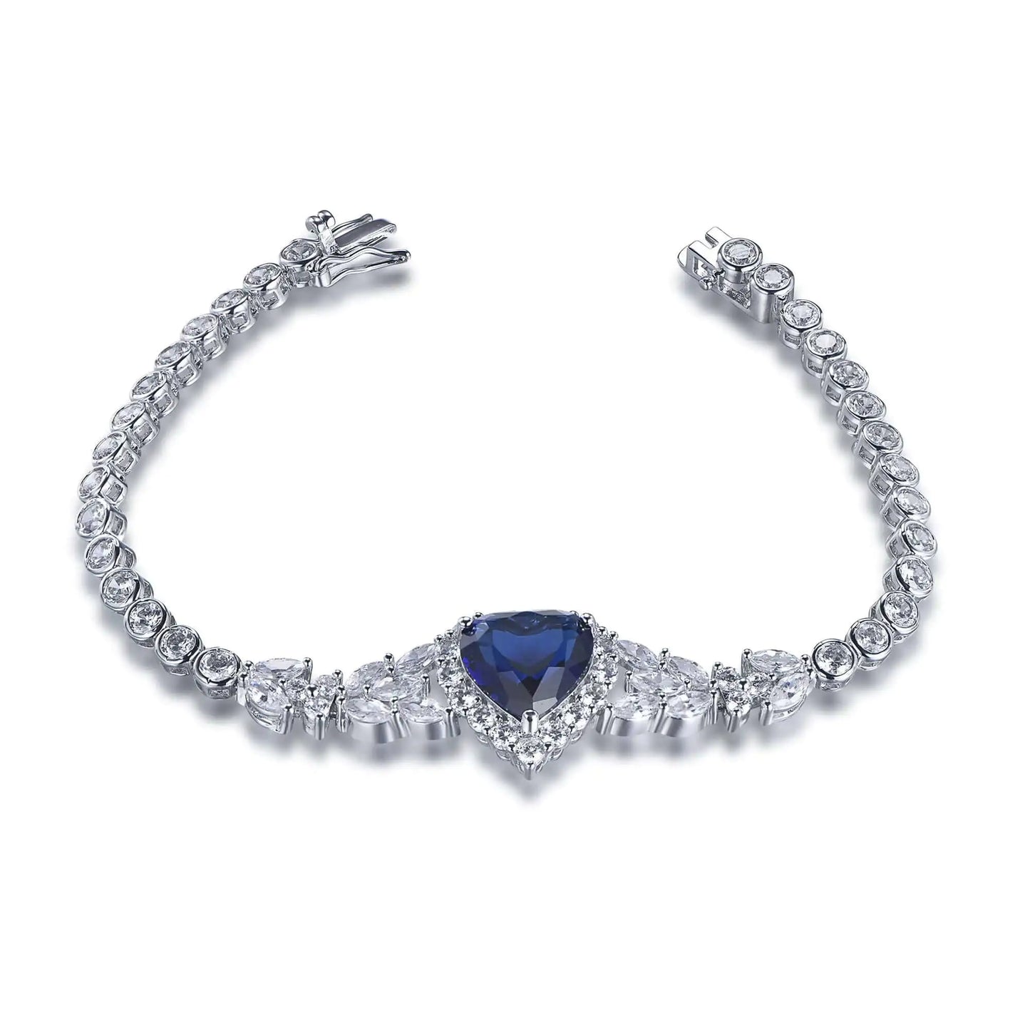 Custom Silver CZ & Glass Lab Created Sapphire Heart Tennis Bracelet