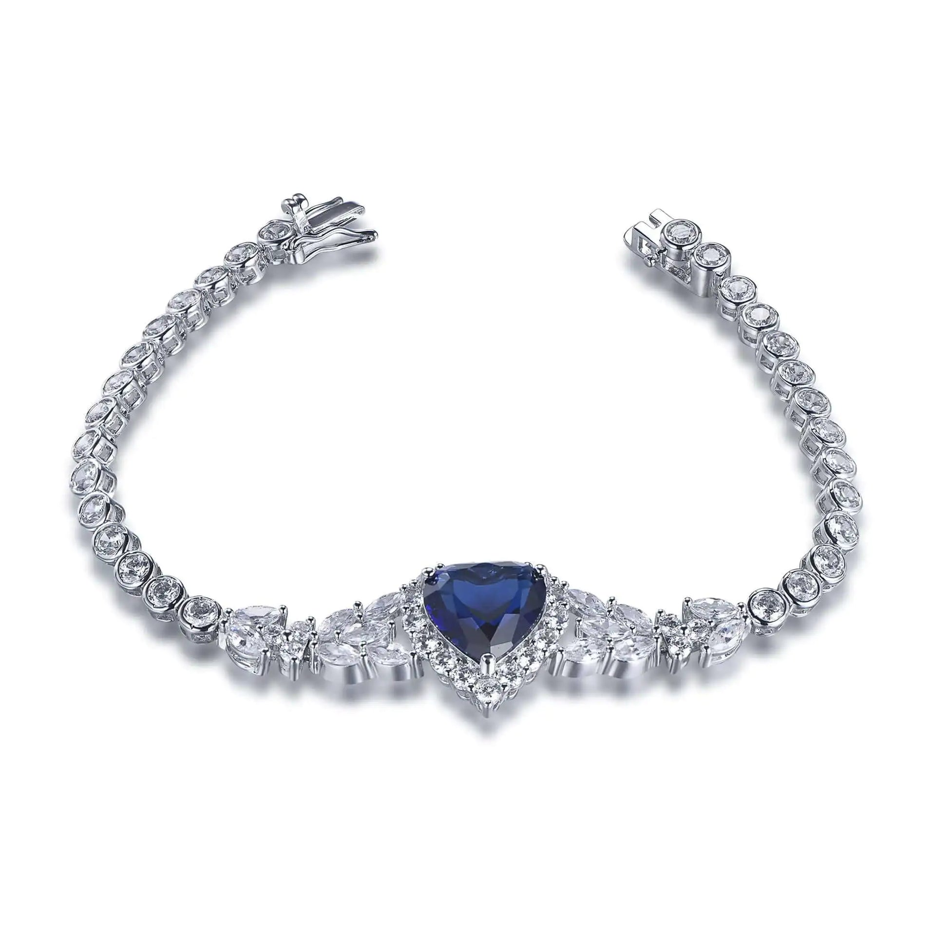 Custom Silver CZ & Glass Lab Created Sapphire Heart Tennis Bracelet