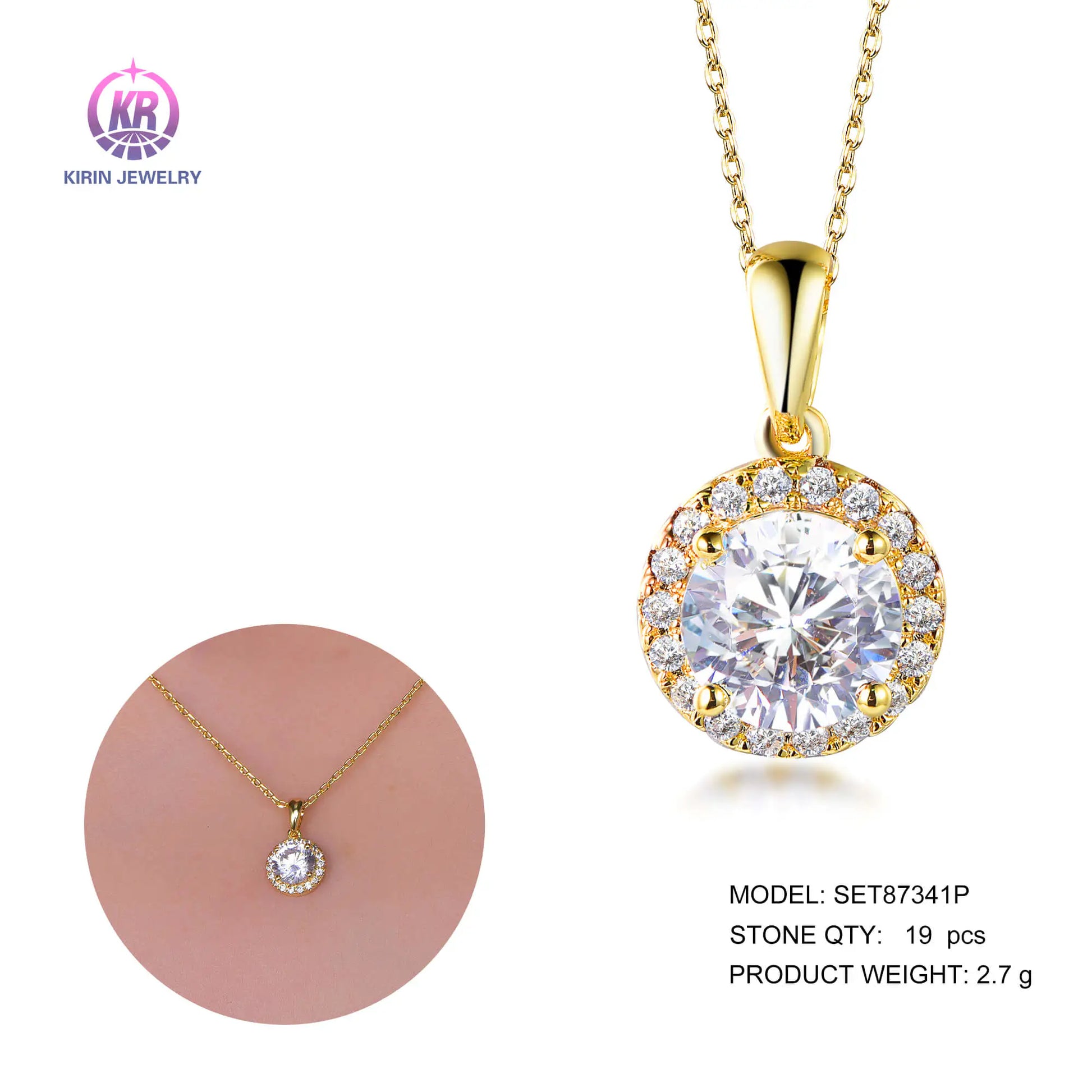 Custom Silver CZ & Glass Round Solitaire Halo Pendant Gemstone Jewelry Sets