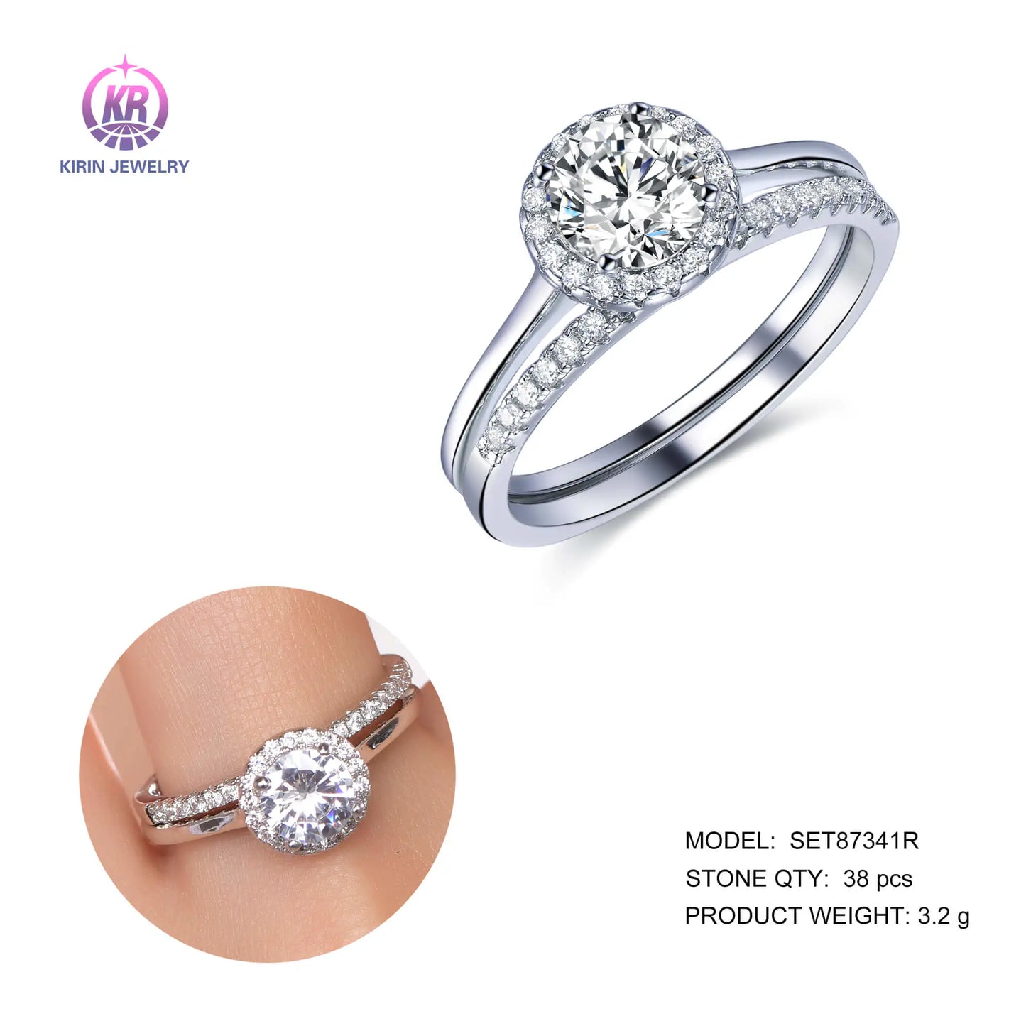 Custom Silver CZ & Glass Round Solitaire Halo Ring Gemstone Jewelry Sets