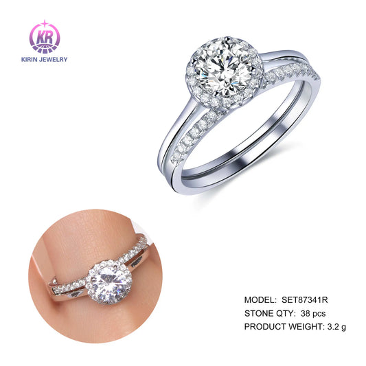 Custom Silver CZ & Glass Round Solitaire Halo Ring Gemstone Jewelry Sets