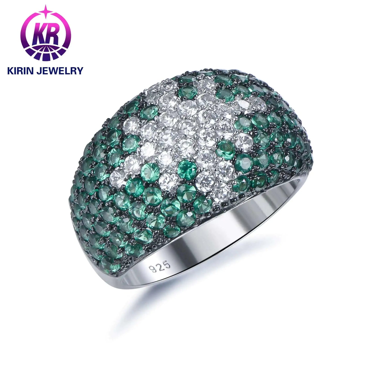 Custom Silver CZ Green Nano Half Eternity Engagement Vintage Pave Diamond Ring