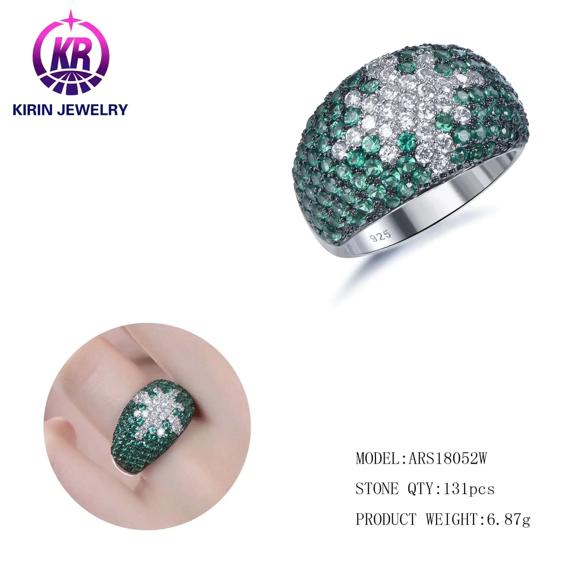 Custom Silver CZ Green Nano Half Eternity Engagement Vintage Pave Diamond Ring for Women