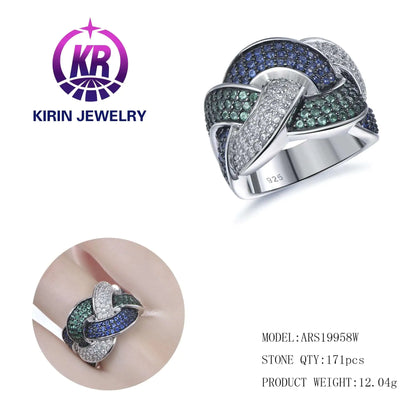 Custom Silver CZ Nano Blue Green White Diamond Criss Cross Engagement Ring for Women