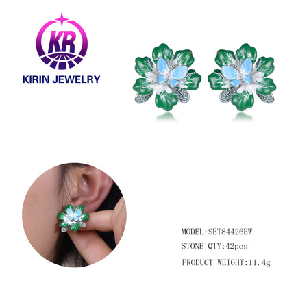 Custom Silver CZ & Nano & Enamel Green Nature Earrings Floral Jewelry Set