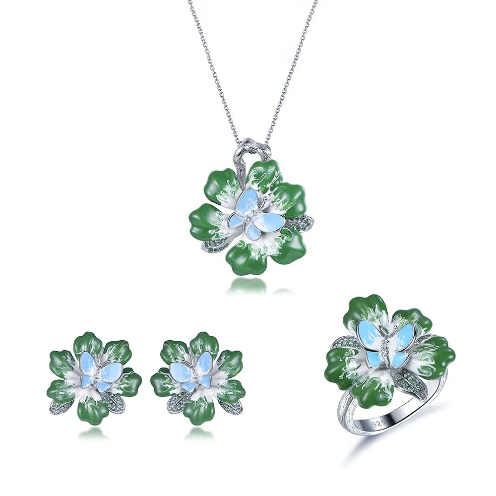 Custom Silver CZ & Nano & Enamel Green Nature Floral Jewelry Set