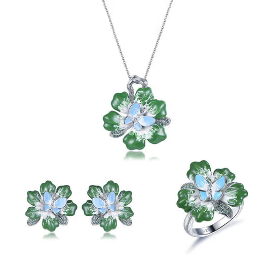 Custom Silver CZ & Nano & Enamel Green Nature Floral Jewelry Set