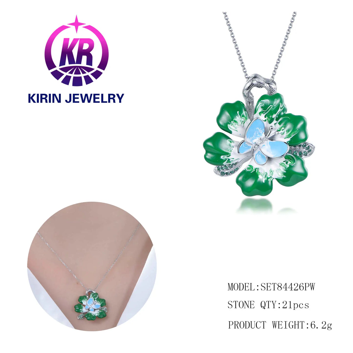 Custom Silver CZ & Nano & Enamel Green Nature Pendant Floral Jewelry Set