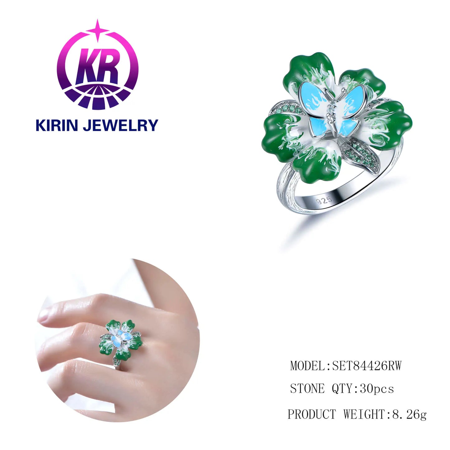 Custom Silver CZ & Nano & Enamel Green Nature Ring Floral Jewelry Set