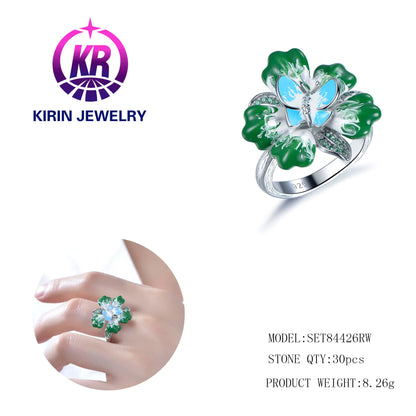 Custom Silver CZ & Nano & Enamel Green Nature Ring Floral Jewelry Set