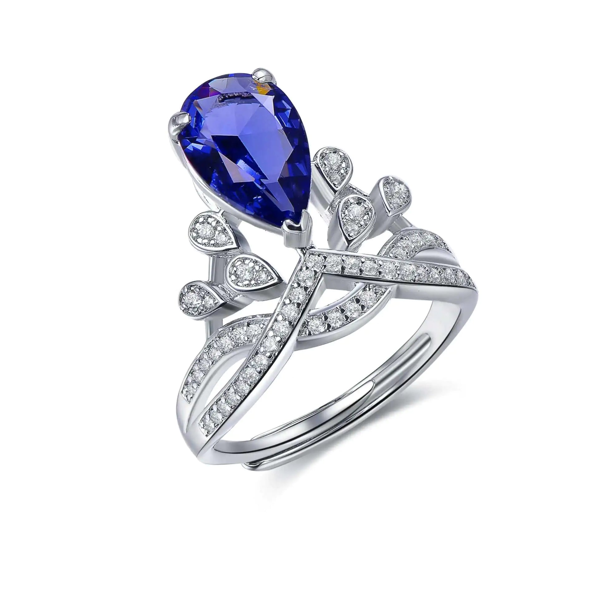 Custom Silver CZ Pear-Shaped Crown Vintage Sapphire Engagement Rings