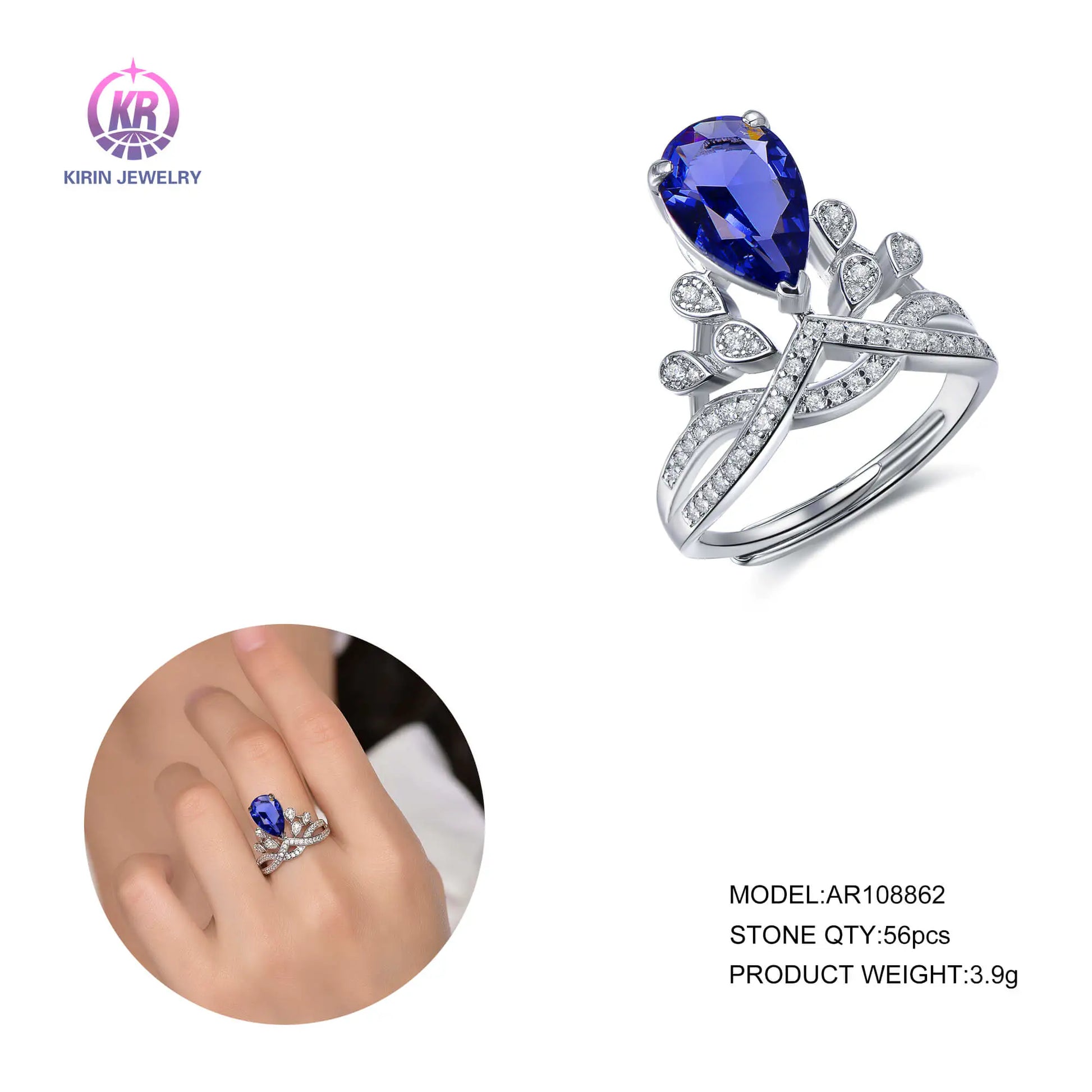 Custom Silver CZ Pear-Shaped Crown Vintage Sapphire Engagement Rings for Women