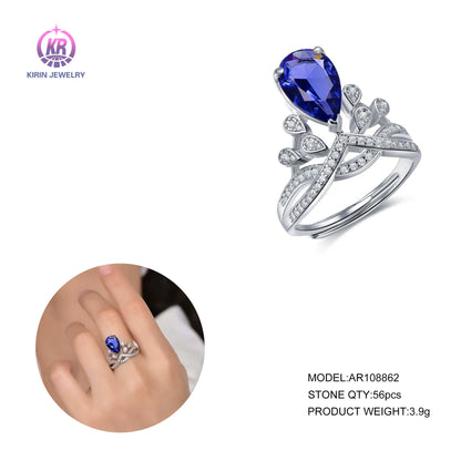 Custom Silver CZ Pear-Shaped Crown Vintage Sapphire Engagement Rings for Women