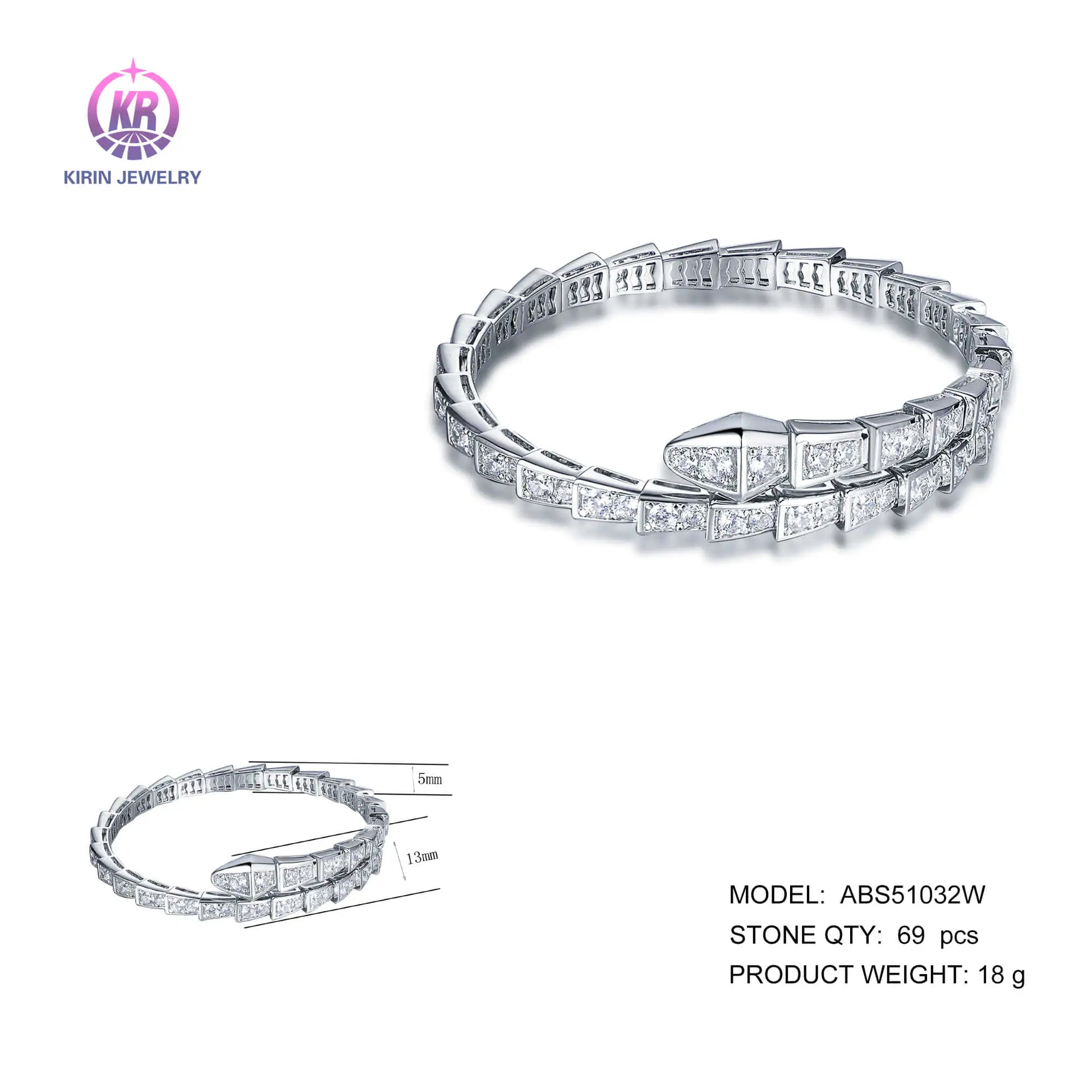 Custom Silver CZ Personalized Adjustable Open Swirl Snake Bangle for Women