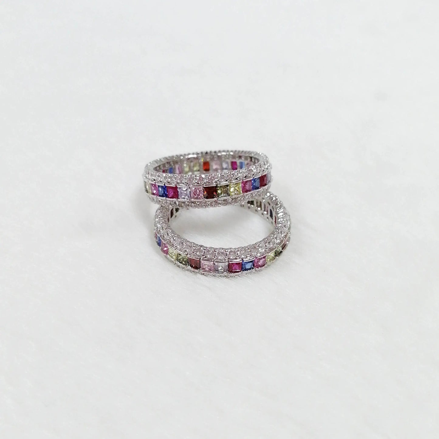 Custom Silver CZ & Spinel & Corundum Full Eternity Band 3 Row Ring