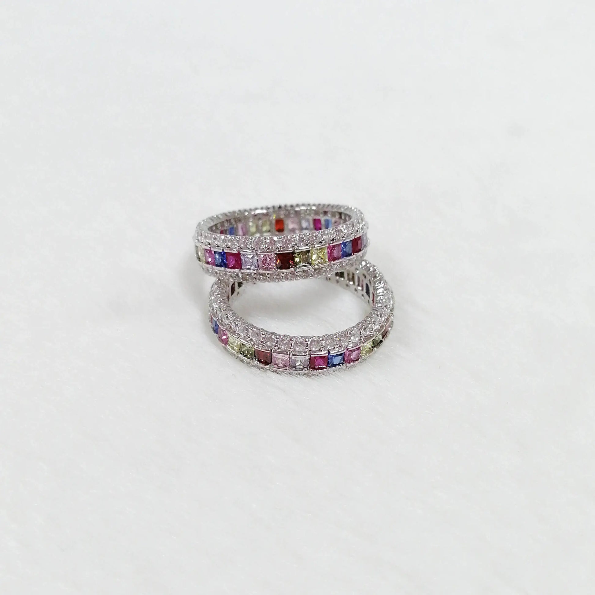 Custom Silver CZ & Spinel & Corundum Full Eternity Band 3 Row Ring