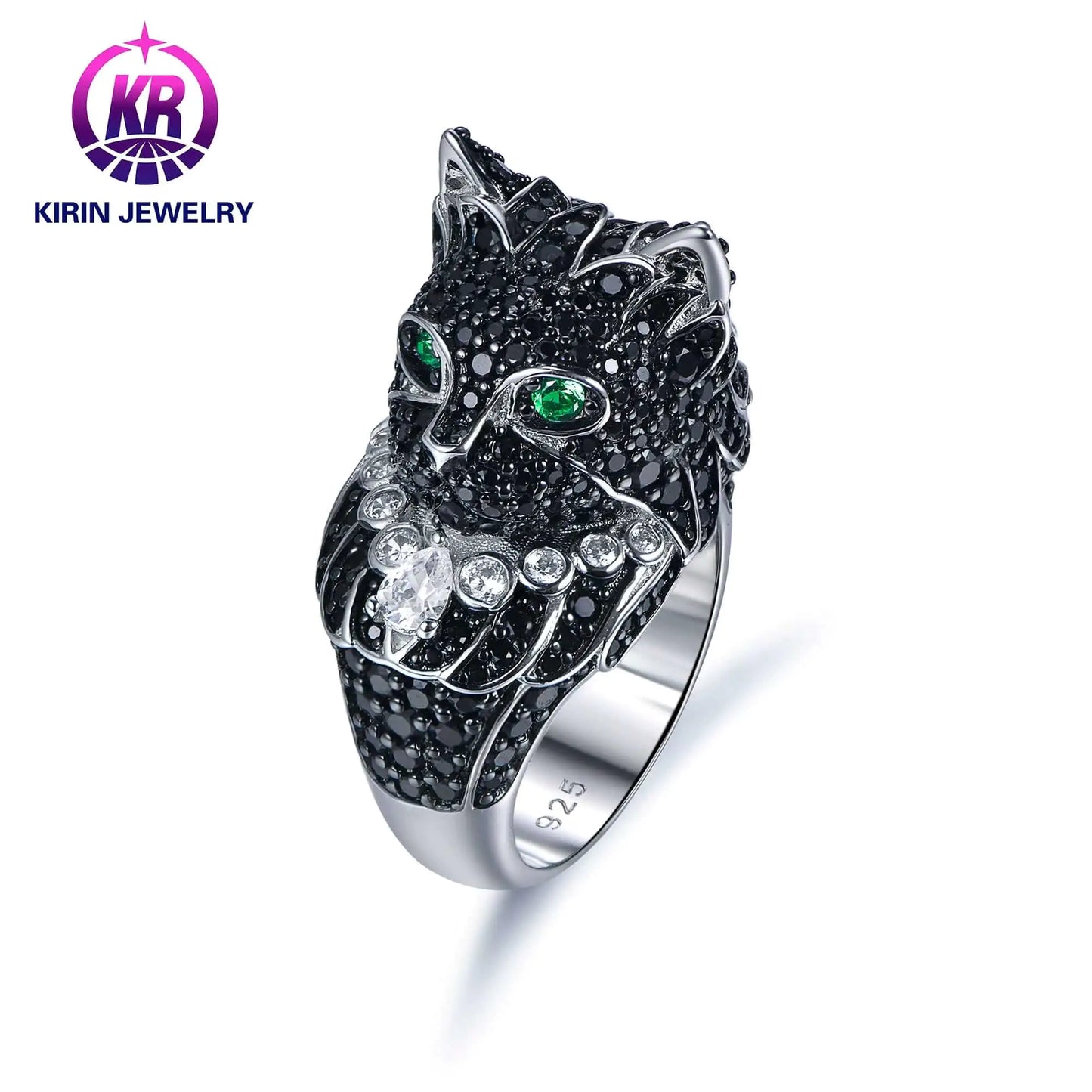 Custom Silver CZ & Spinel Engagement Green Eyes Black Panther Rings