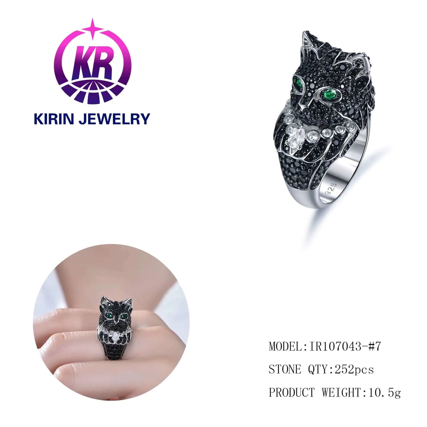 Custom Silver CZ & Spinel Engagement Green Eyes Black Panther Rings for Women