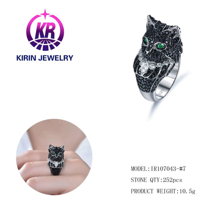 Custom Silver CZ & Spinel Engagement Green Eyes Black Panther Rings for Women