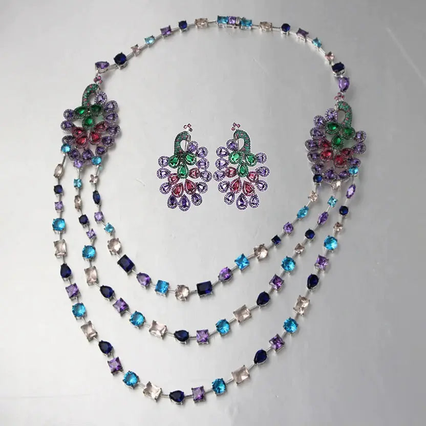 Custom Silver CZ & Spinel & Glass & Corundum Colorful Peacock Jewelry Sets