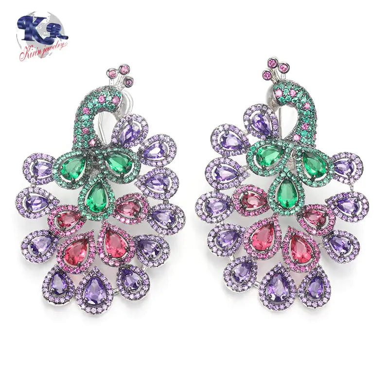Custom Silver CZ & Spinel & Glass & Corundum Earrings Colorful Peacock Jewelry Sets