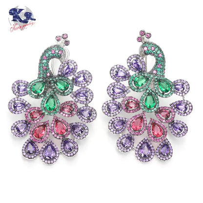 Custom Silver CZ & Spinel & Glass & Corundum Earrings Colorful Peacock Jewelry Sets