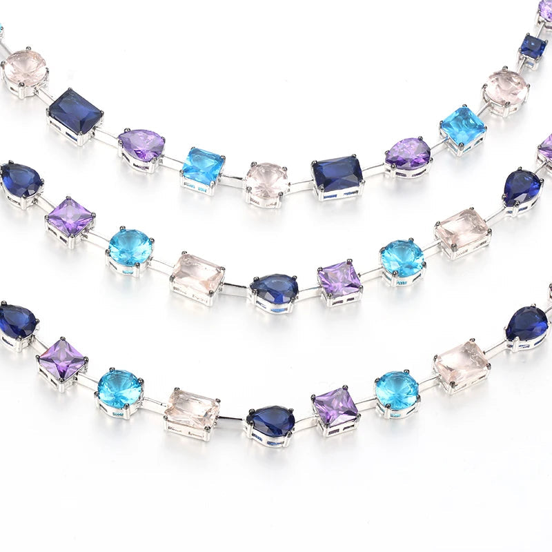 Custom Silver CZ & Spinel & Glass & Corundum Necklace Link Colorful Peacock Jewelry Sets