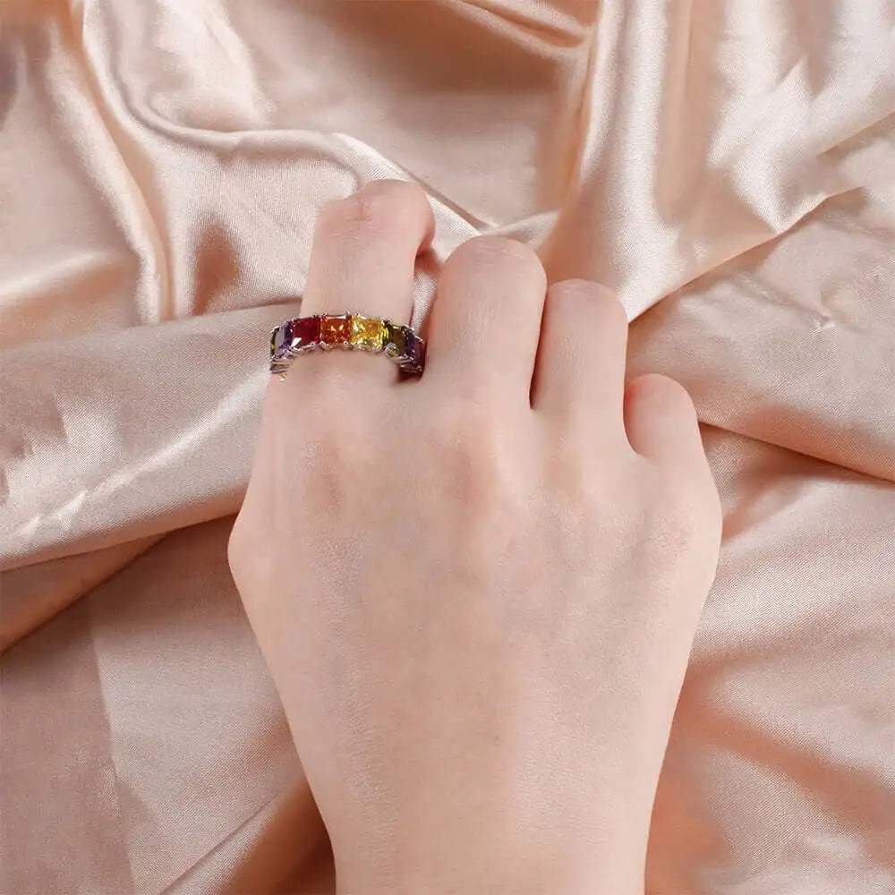 Custom Silver CZ and Corundum Eternity Square Multi Color Gemstone Rainbow Engagement Ring for Women