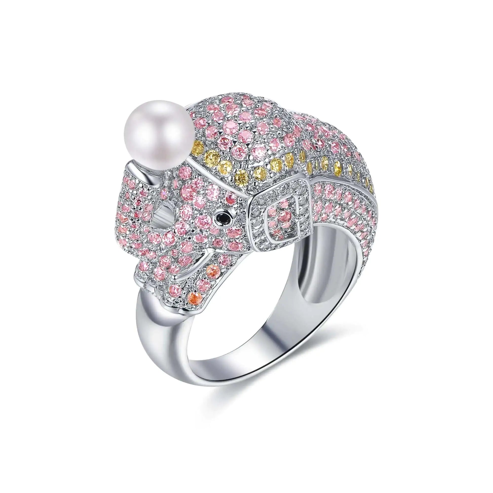 Custom Silver CZ and Nano Pave Colorful Gemstone Pearl Elephant Engagement Ring