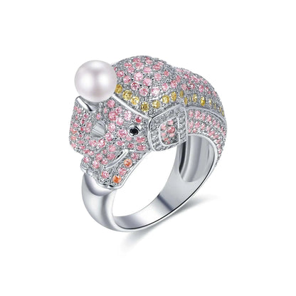 Custom Silver CZ and Nano Pave Colorful Gemstone Pearl Elephant Engagement Ring