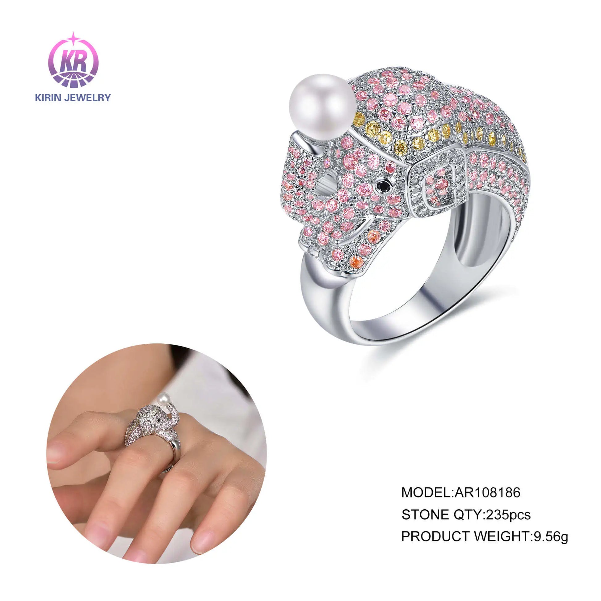 Custom Silver CZ and Nano Pave Colorful Gemstone Pearl Elephant Engagement Ring for Women